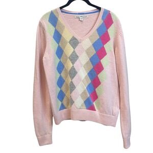 Vintage 90s Tommy Hilfiger Pink Pastels Argyle V Neck Sweater Wool Angora L/XL